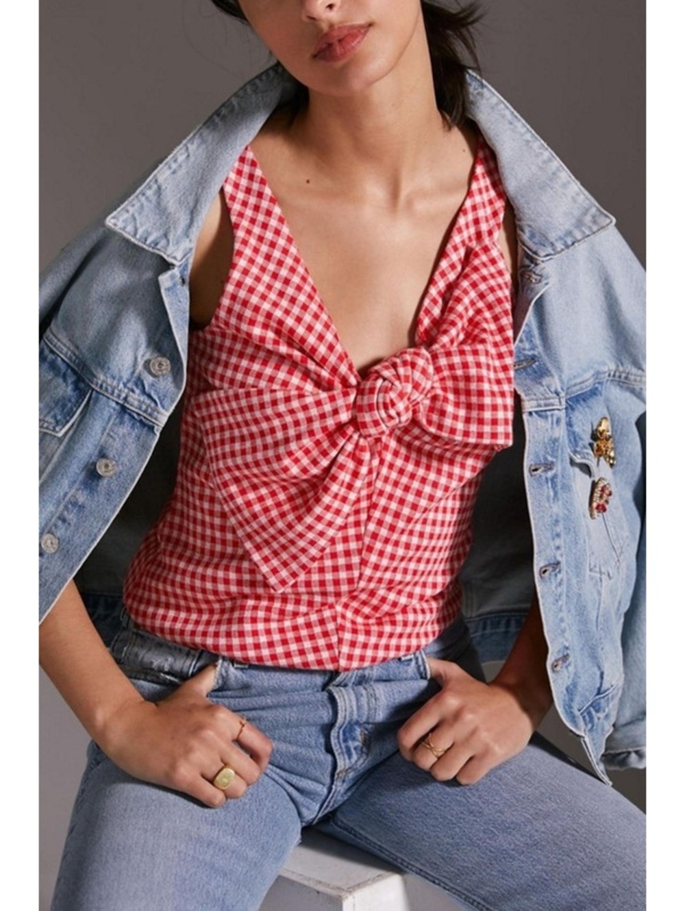 Eva Franco Gingham Bow Front Crop Top Red White Sleeveless Size S Anthropologie